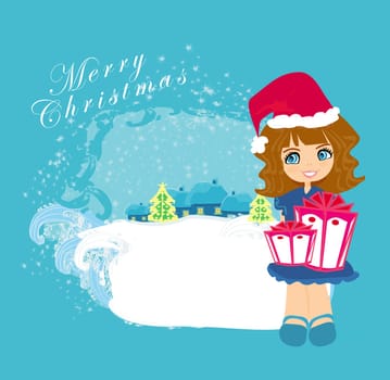 vector cartoon girl and christmas tree with gifts