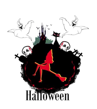 halloween invitation or background with spooky castle and bats , witch, cat, skull and graves