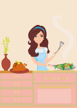 Beautiful woman frying  in kitchen