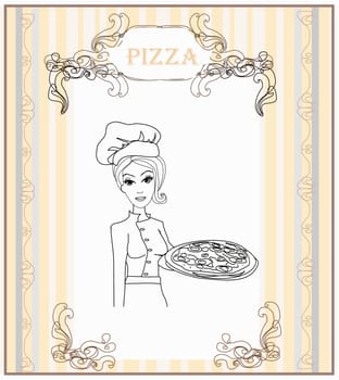 Young waitress with pizza doodle
