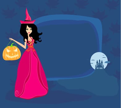 Halloween witch standing with pumpkin