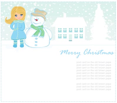 Little girl and snowman