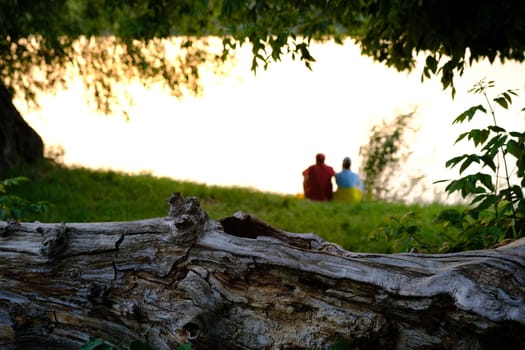 Happy senior couple sitting in summer near lake during sunset.