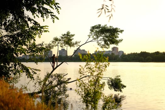 cute young girl staying on a faller tree by the river or lake on warm summer day. Family activities in summer