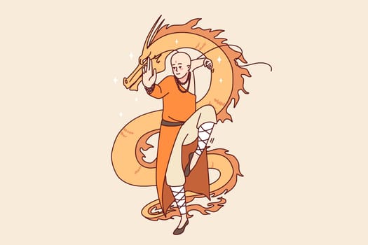 Tibetan monk with dragon painting in background. Asian man in traditional clothes make religious spiritual moves. Religion and culture. Vector illustration.