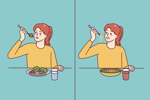 Girl eating healthy and unhealthy food. Child emotions with nutritional meal or fastfood. Children food and nutrition problems. Vector illustration.