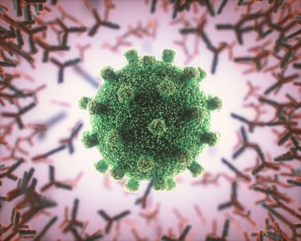 Immunological system, antibodies attacking the virus covid-19. 3D illustration, concept of the body's defense system. Y-shaped antibody attacking the virus.