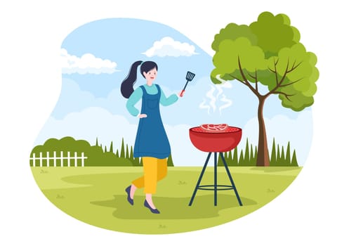 BBQ or Barbecue with Steaks on Grill, Toaster, Sausage, Chicken, Vegetables and People on Picnic or Party in the Park in Flat Cartoon Illustration