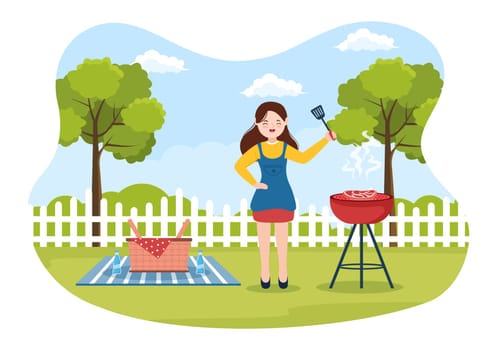 BBQ or Barbecue with Steaks on Grill, Toaster, Sausage, Chicken, Vegetables and People on Picnic or Party in the Park in Flat Cartoon Illustration