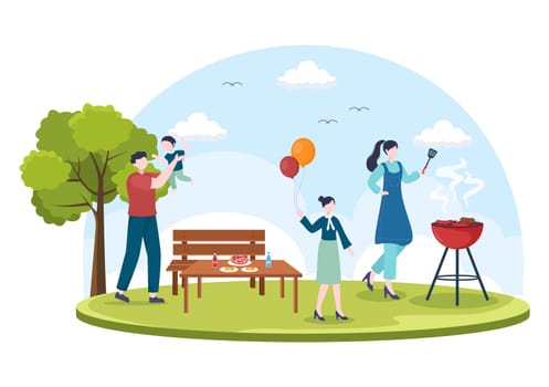 BBQ or Barbecue with Steaks on Grill, Toaster, Sausage, Chicken, Vegetables and People on Picnic or Party in the Park in Flat Cartoon Illustration