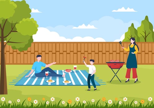 BBQ or Barbecue with Steaks on Grill, Toaster, Sausage, Chicken, Vegetables and People on Picnic or Party in the Park in Flat Cartoon Illustration