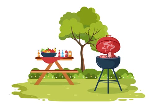 BBQ or Barbecue with Steaks on Grill, Toaster, Plates, Sausage, Chicken and Vegetables in Flat Background Cartoon Illustration