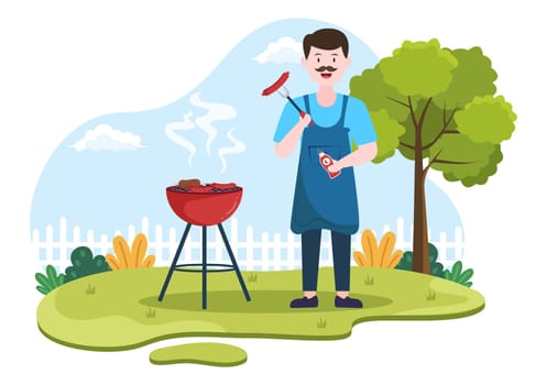 BBQ or Barbecue with Steaks on Grill, Toaster, Sausage, Chicken, Vegetables and People on Picnic or Party in the Park in Flat Cartoon Illustration