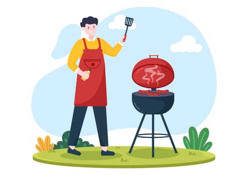 BBQ or Barbecue with Steaks on Grill, Toaster, Sausage, Chicken, Vegetables and People on Picnic or Party in the Park in Flat Cartoon Illustration