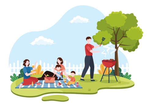 BBQ or Barbecue with Steaks on Grill, Toaster, Sausage, Chicken, Vegetables and People on Picnic or Party in the Park in Flat Cartoon Illustration