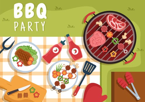 BBQ or Barbecue with Steaks on Grill, Toaster, Plates, Sausage, Chicken and Vegetables in Flat Background Cartoon Illustration