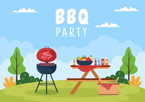 BBQ or Barbecue with Steaks on Grill, Toaster, Plates, Sausage, Chicken and Vegetables in Flat Background Cartoon Illustration