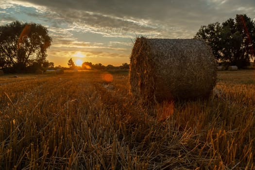 Hay bale in the field and sunset, Nowiny, Poland