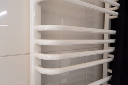Large white ladder bathroom radiator and dark towel