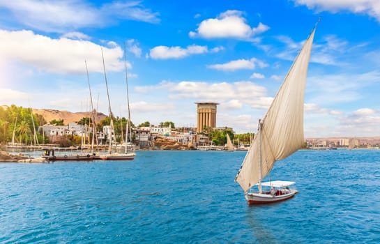 Traditional sailboats in the Nile in Aswan city, Egypt.