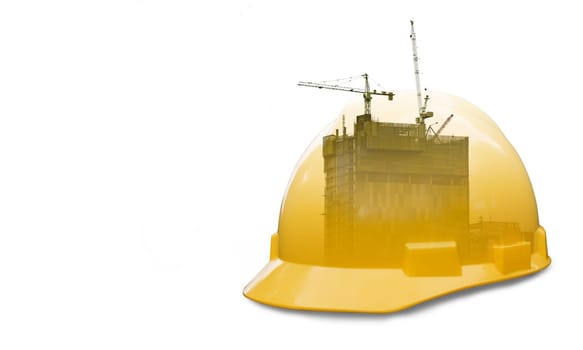 Architect building concept and helmet security, safety equipment on isolated and white background.