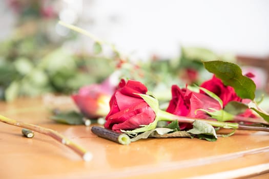 Close up of red roses laying on wooden table, on defocused background.