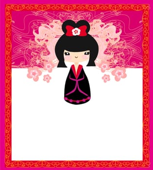 Kokeshi doll on the pink background with floral ornament