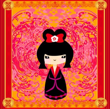 Kokeshi doll on the pink background with floral ornament