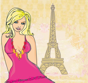 beautiful women Shopping in Paris - vector card