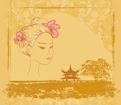 abstract Asian Landscape and beautiful Asian girl