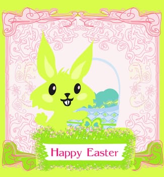 Illustration of happy Easter bunny carrying egg