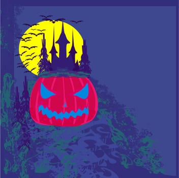 grungy Halloween background with haunted house and pumpkin