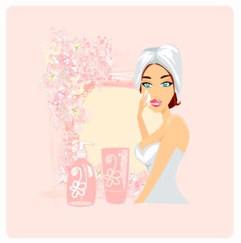 Cute woman applying moisturizer vector illustration