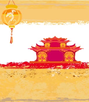 old paper with Asian Landscape and Chinese Lanterns