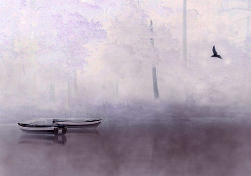 boats during the fog over the Kashubian lake