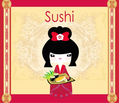 beautiful Asian girl enjoy sushi - menu template
