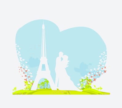 Romantic couple in Paris kissing near the Eiffel Tower