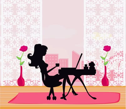 Online shopping - young smiling woman sitting with laptop comput