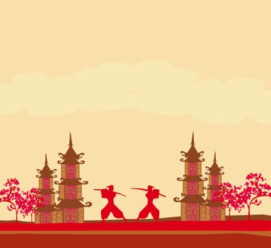 Samurai silhouette in Asian Landscape