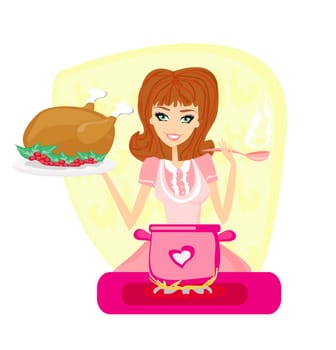 Beautiful lady cooking soup and serving chicken