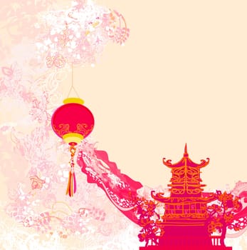 old paper with Asian Landscape and Chinese Lanterns
