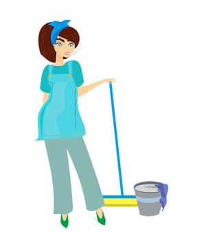cartoon character housemaid with broom vector illustration, isolated on white background