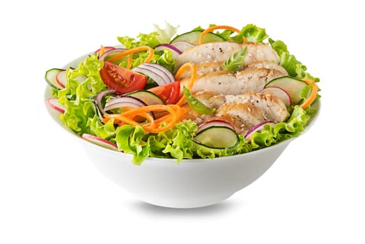Healthy green salad with chicken breast and fresh vegetables isolated on white