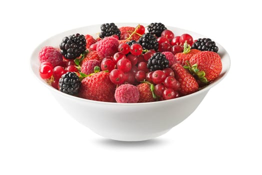 Bowl of healthy fresh berry fruit salad isolated on white background
