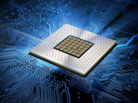 CPU with blue light on the mainboard. 3D illustration.