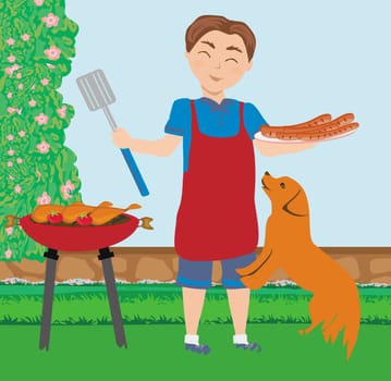 A man grilling in the backyard sausages and chicken thighs