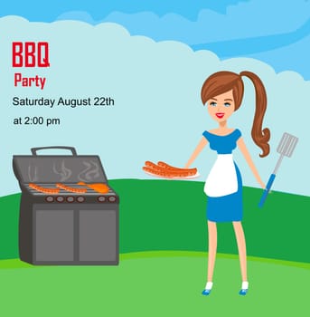 beautiful girl prepares dishes on the grill - invitation to bbq party
