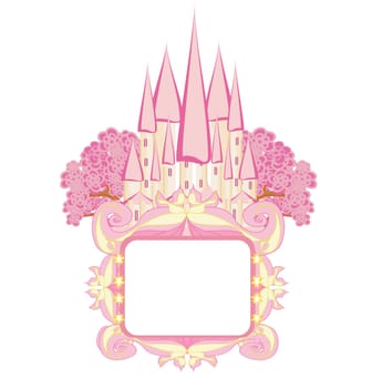 magical fairy tale land - decorative card with a castle and elegant decorative frame
