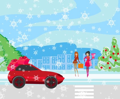 Beautiful girls on winter shopping