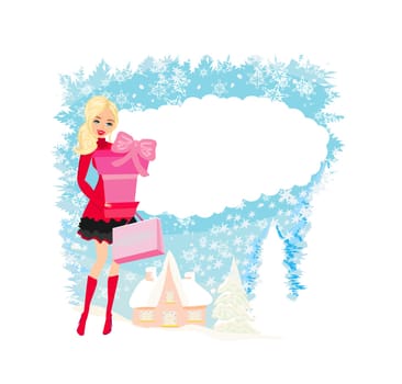 Beautiful girl on Christmas shopping - Christmas card with space for text